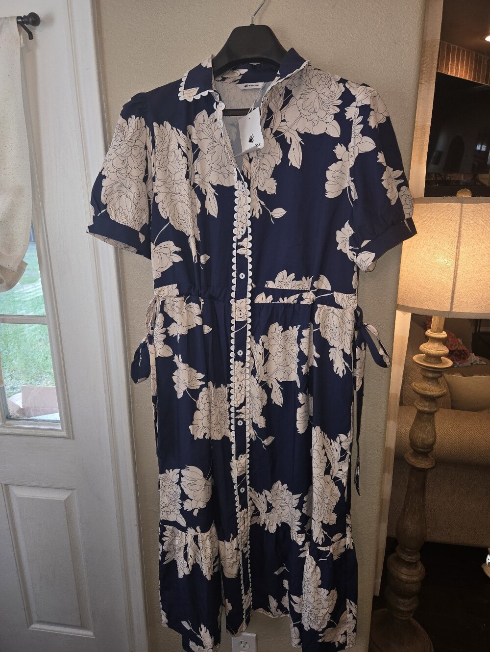 Navy Floral Button-Front Midi Dress